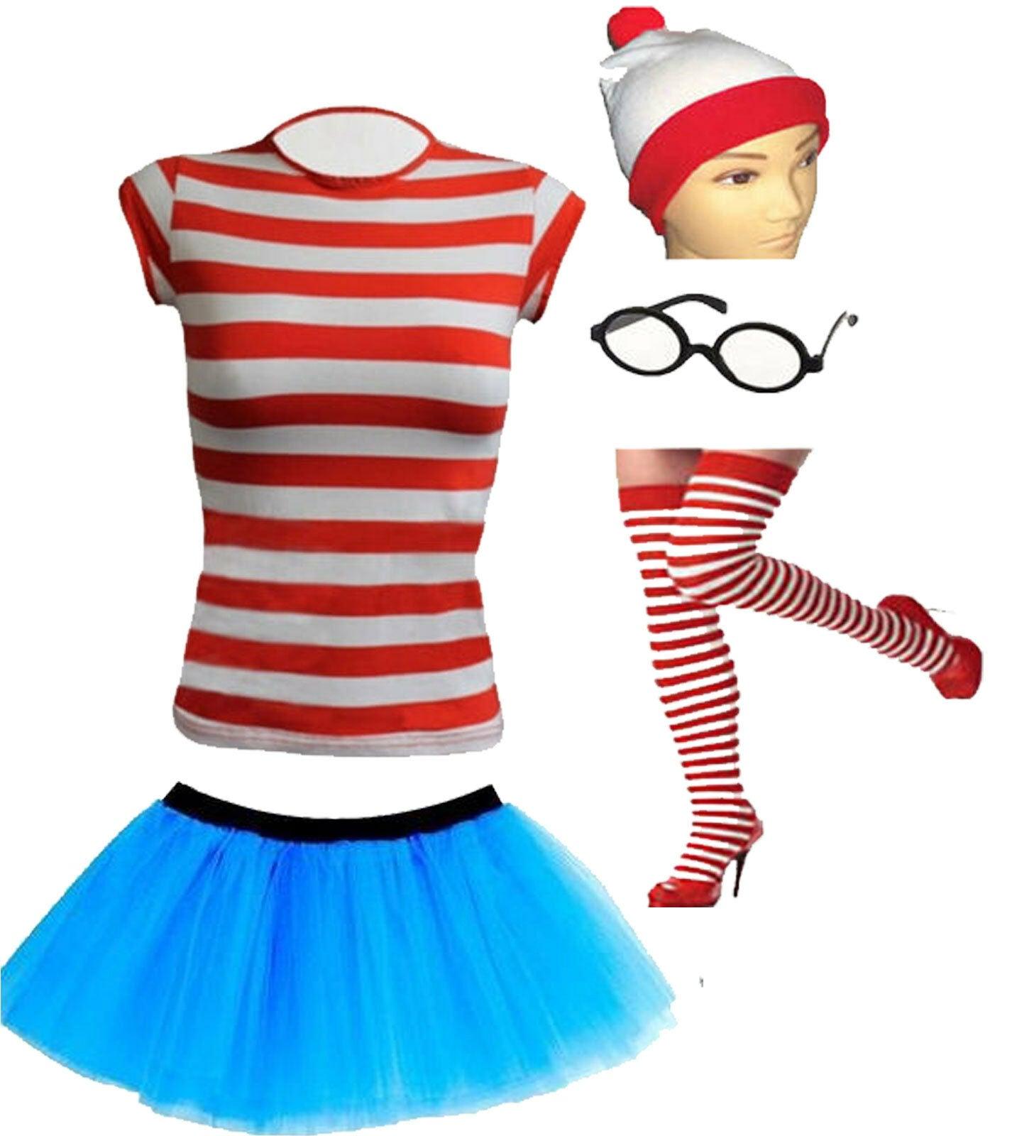 LADIES STRIPED RED WHITE T-SHIRT SET WHERES CHARACTER FANCY DRESS COSTUME - Labreeze