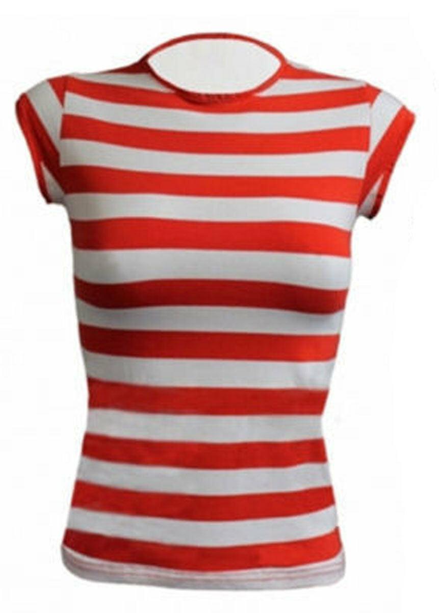 LADIES STRIPED RED WHITE T-SHIRT SET WHERES CHARACTER FANCY DRESS COSTUME - Labreeze