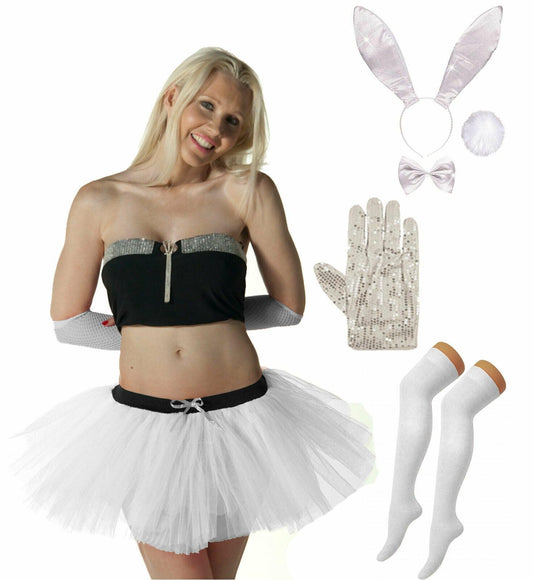 Ladies White Glitter Bunny Set Skirt Socks Pop Gloves Hen Night Party Costume - Labreeze