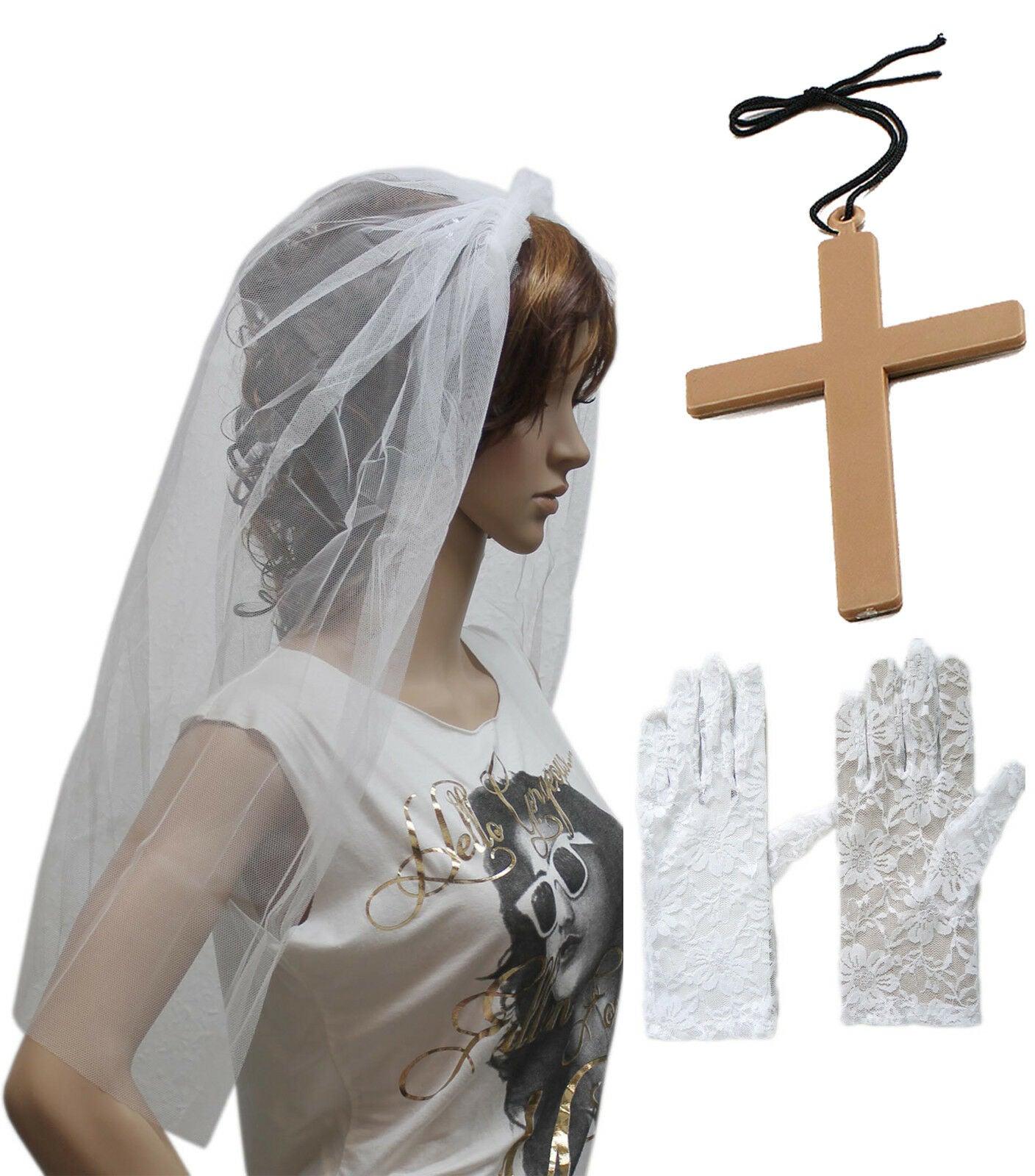 Ladies White Veil on Hair Band Lace Gloves Monk Cross Christmas Party Costume - Labreeze