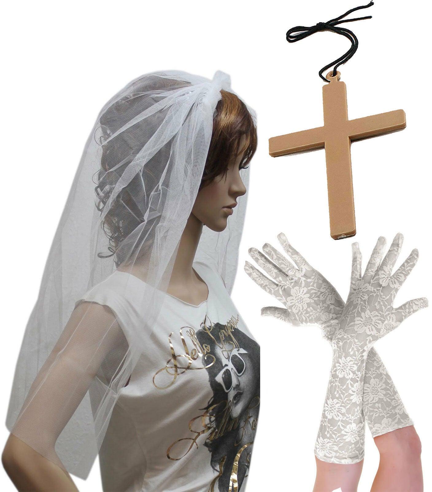 Ladies White Veil on Hair Band Long Gloves Monk Cross Wedding Party Costume - Labreeze