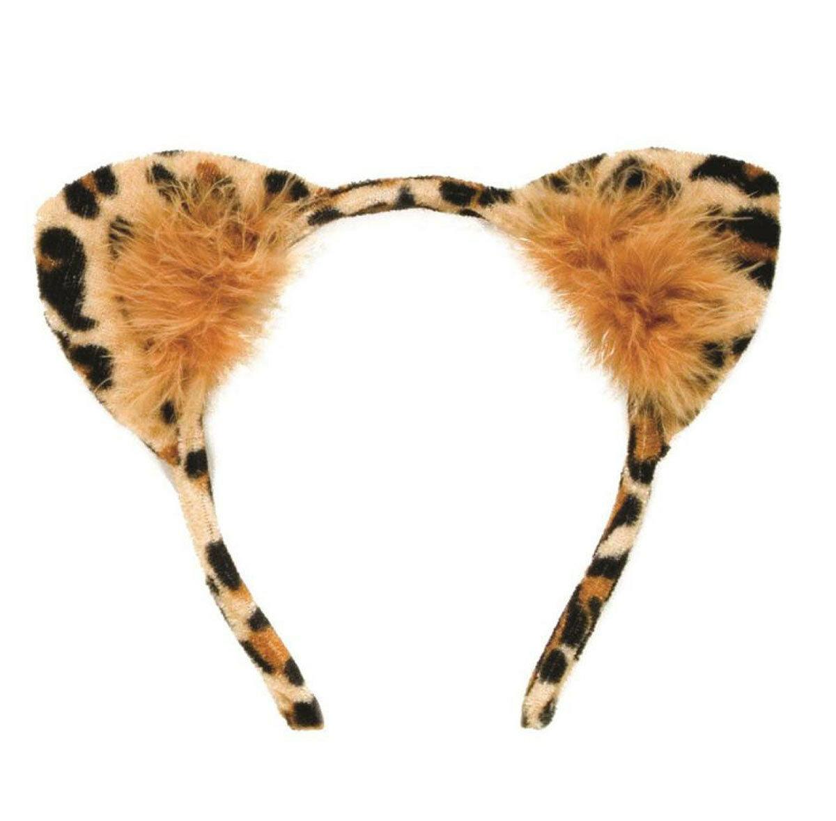 Leopard Ears Plush Velvet Marabou Trim Flexible Plastic Headband Fancy Dress - Labreeze