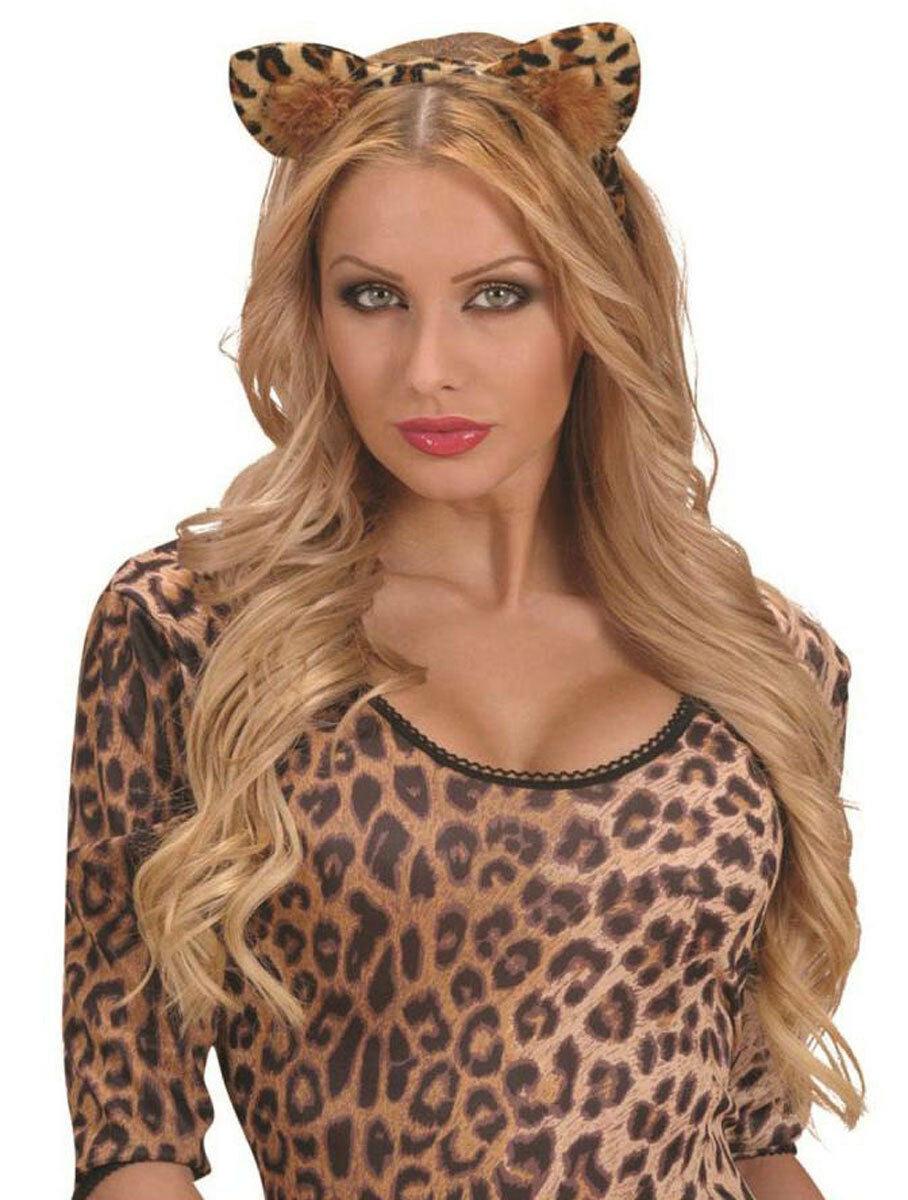 Leopard Ears Plush Velvet Marabou Trim Flexible Plastic Headband Fancy Dress - Labreeze