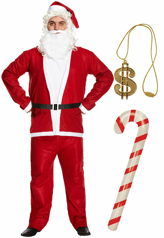 Men Christmas Santa Clause Suit Candy Cane Gold Dollar Necklace Xmas Fancy Dress - Labreeze