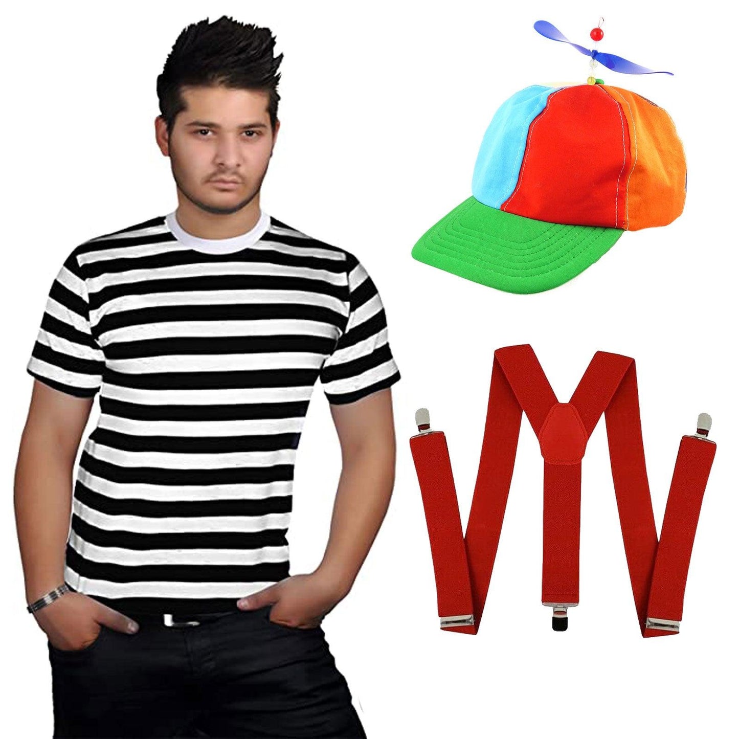 Men's Alice in Wonderland Tweedle Dee & Dum Costume Set: Striped T-Shirt, Helicopter Hat & Red Braces for Book Week Fancy Dress - Labreeze