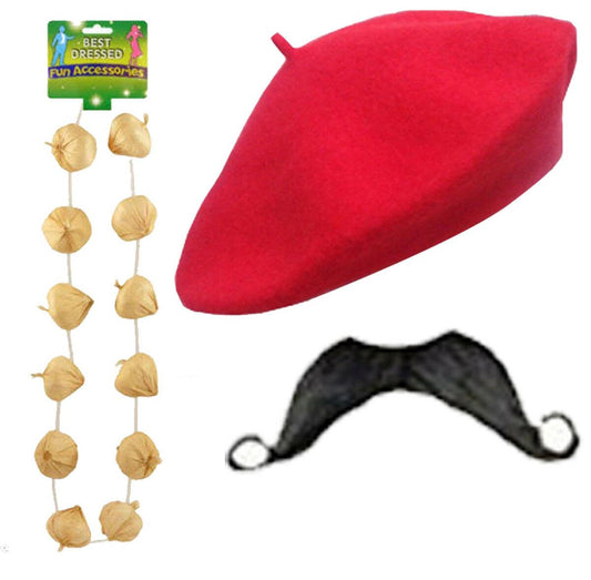 Men's Belgium Detective Red Beret Hat Moustache Garlic Necklace 3Pc Set - Labreeze