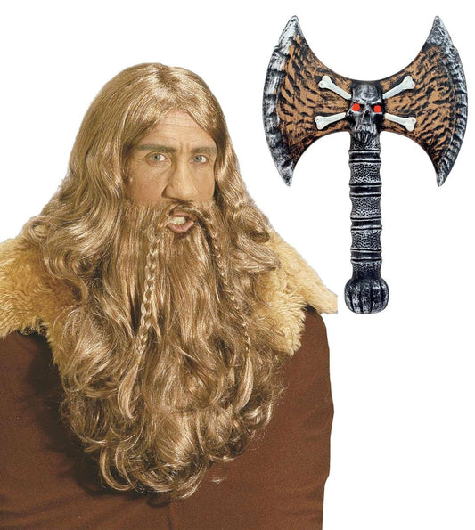 Men’s Brown Viking Wig & Beard Skull Axe Battle Warrior Medieval Fancy Dress - Labreeze