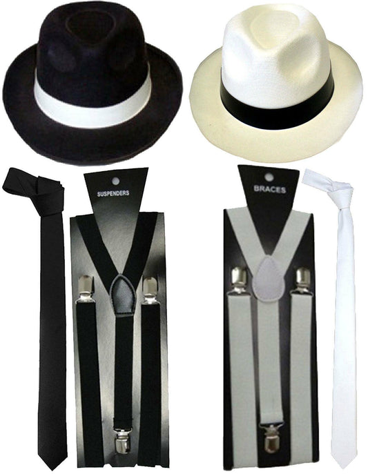 Mens 1920s hat tie braces gangster roaring pimp fancy dress - Labreeze