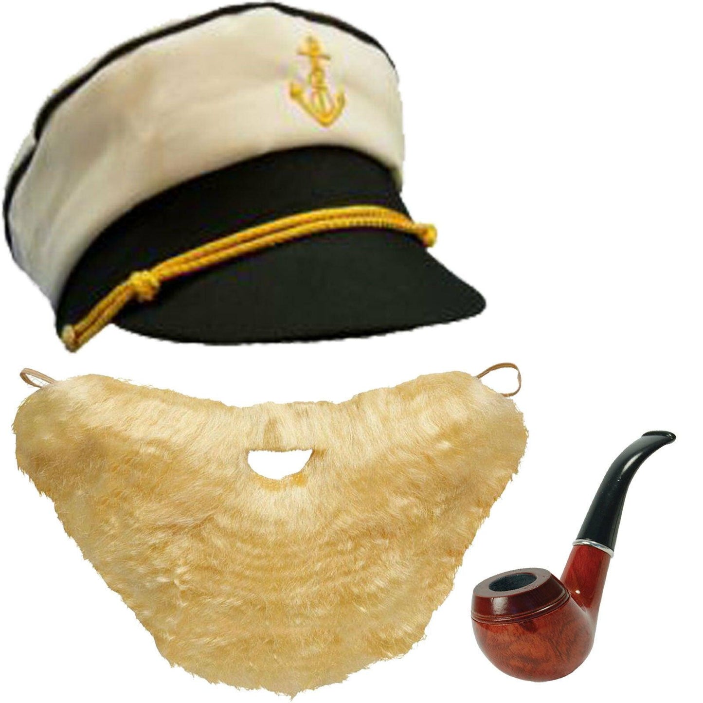 Mens Peaked Captain Hat Wooden Pipe Blonde Beard & Mustache Fancy Dress - Labreeze