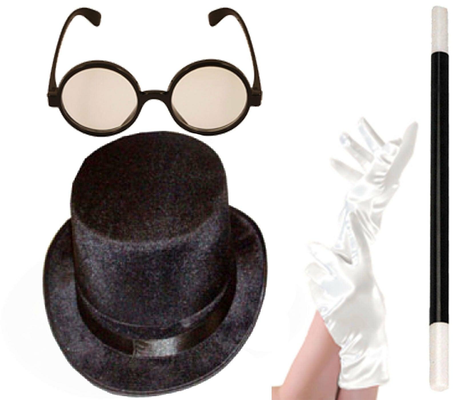 Mens Topper Victorian Ringmaster Adult Hat Wizard Glasses Wand Gloves Lot Set - Labreeze