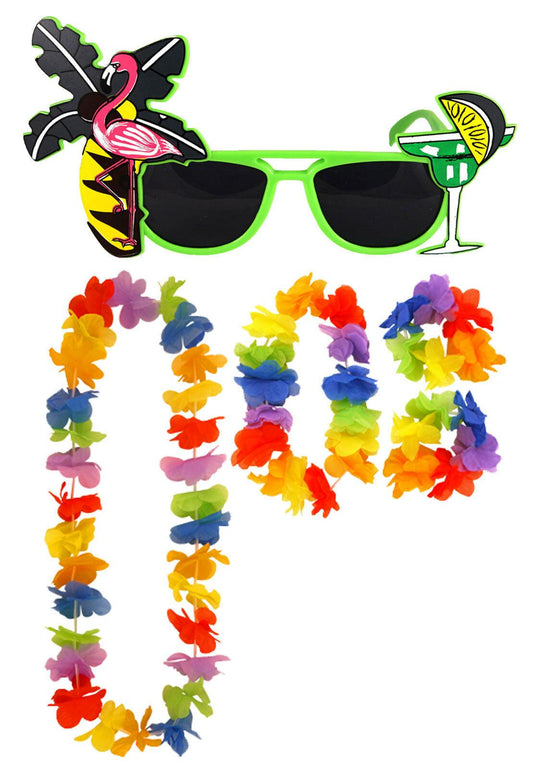 Multicolour Hula Lei 4 Pc Set with Green Flamingo Glasses Hawaiian Fancy Dress - Labreeze