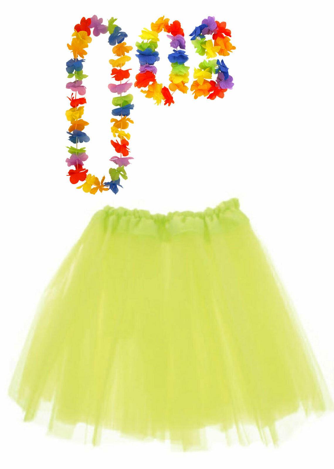 Neon Yellow Tutu Skirt with Satin Band Hula Lei Set Hawaiian Party Fancy Dress - Labreeze