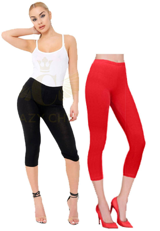 New Ladies 3/4 Length Plain Cotton Legging Slim Fit Stretch Waist Dancewear - Labreeze