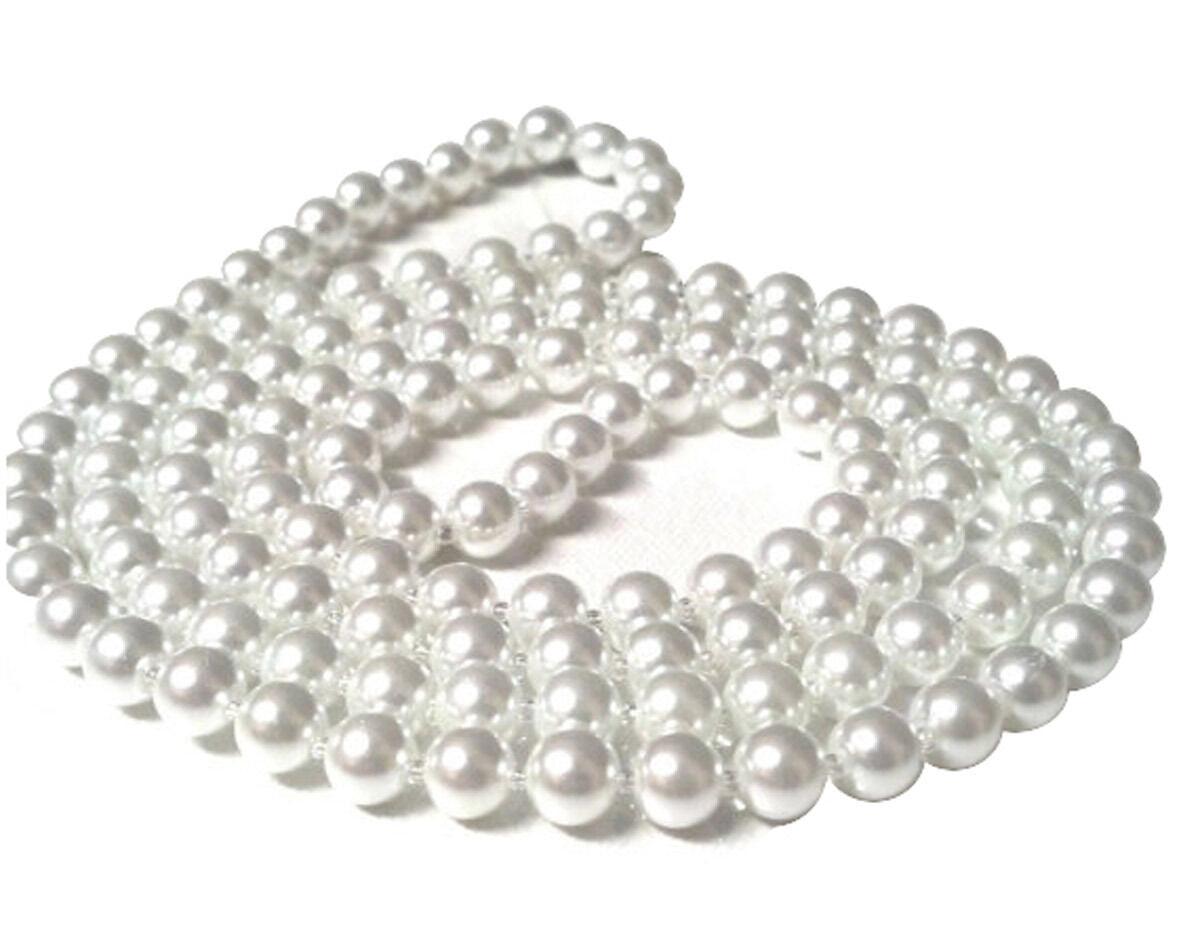 New Ladies Girls Plastic Pearl Bead White Necklace 48 inch Flapper - Labreeze