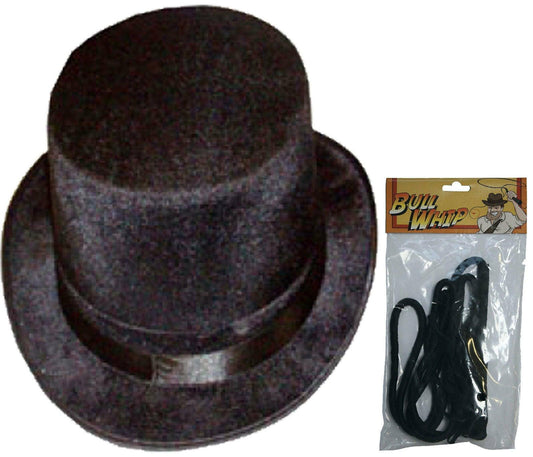 New Unisex Ringmaster Black Topper Hat & Bull Whip Velour Fancy Dress - Labreeze