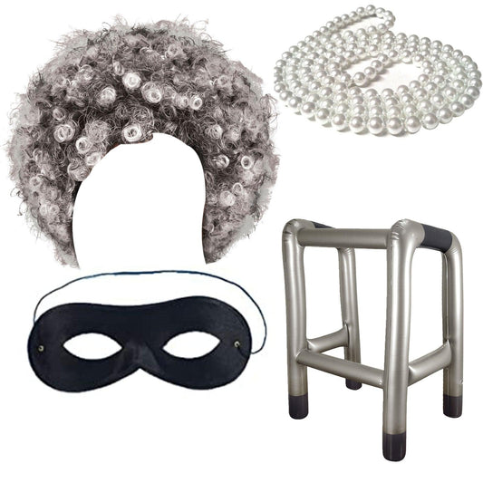 Old Lady Granny Grandma Costume Grey Afro Wig Domino Eye Mask Pearl Necklace Zimmer Frame Adults Burglar Set - Labreeze