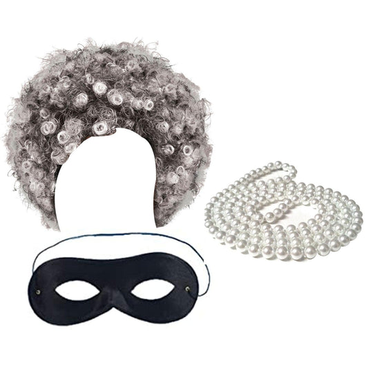 Old Lady Robber Grandma Costume Grey Afro Wig Domino Eye Mask Pearl Necklace Swag Adults Burglar Set - Labreeze