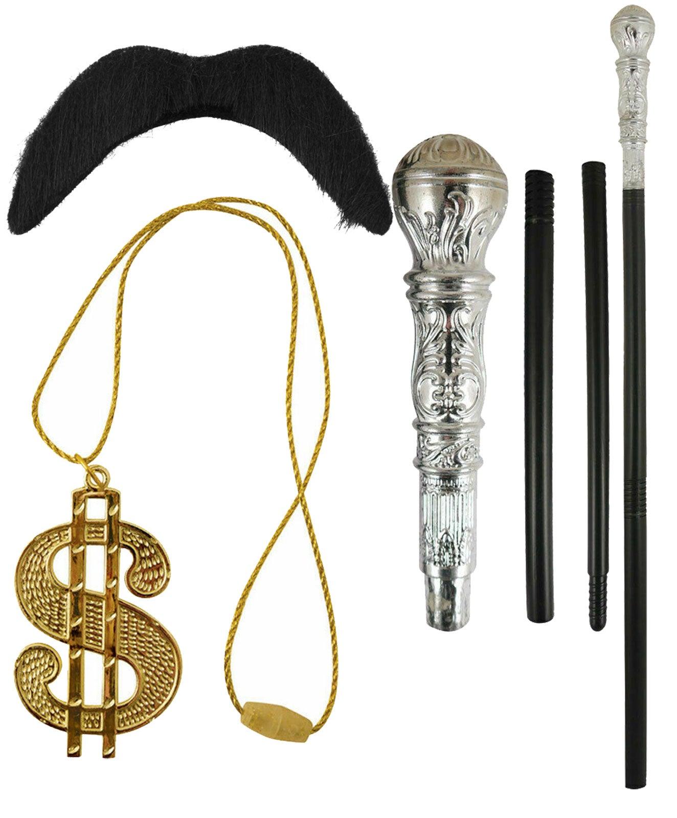 Pimp Accessory Set Silver Cane Dollar Necklace Mustache Party Fancy Dress - Labreeze