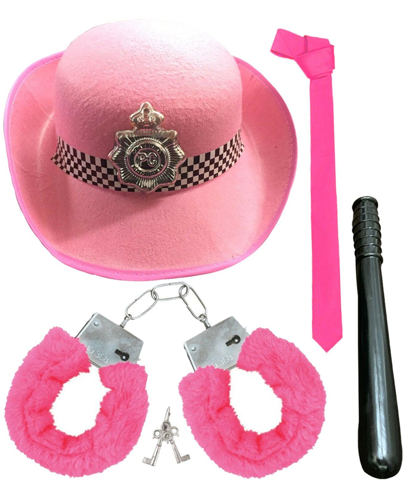 Pink Police Woman Hat Tie Fur Handcuffs Truncheon Hen Night Fancy Dress Set - Labreeze