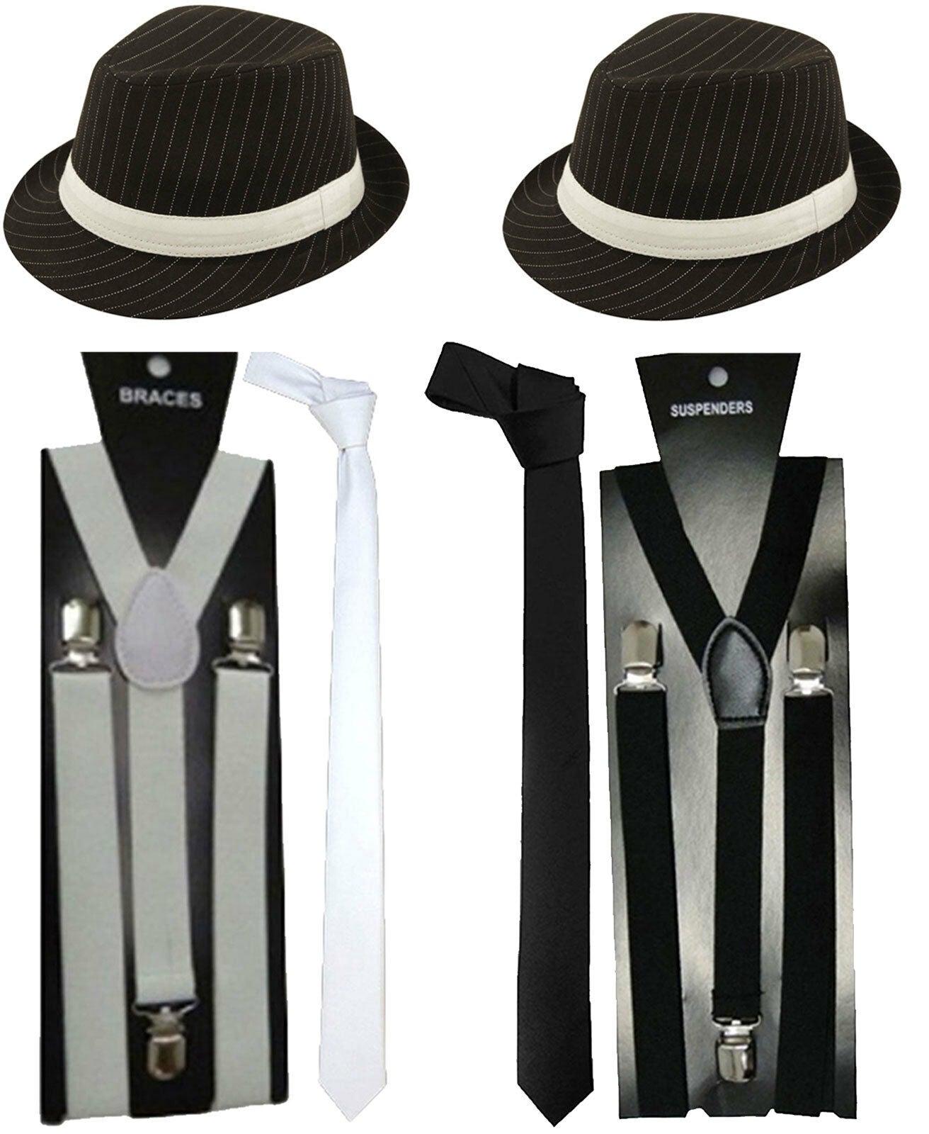 Plain White Black Men’s Gangster Hat Braces Tie Roaring Pimp Fancy Outfit - Labreeze