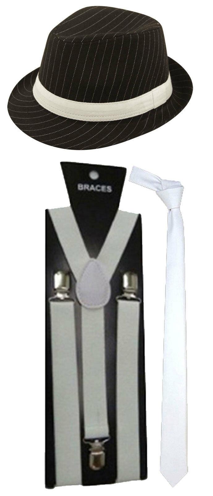 Plain White Black Men’s Gangster Hat Braces Tie Roaring Pimp Fancy Outfit - Labreeze