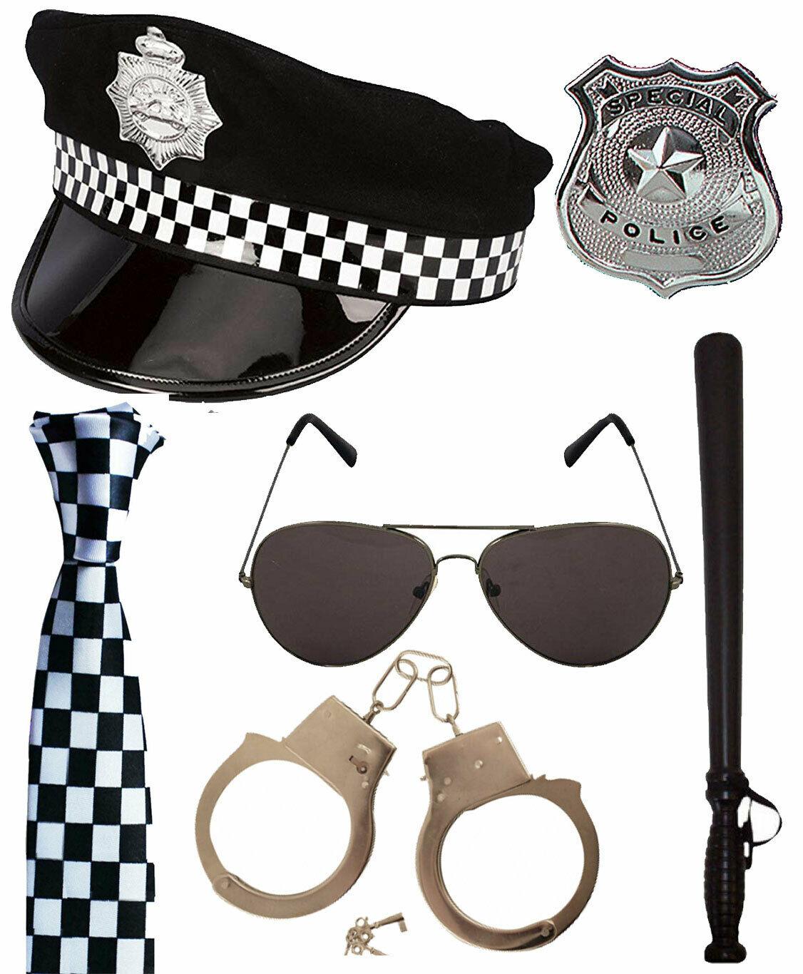 Police Cop Hat Tie Truncheon Glasses Cuffs Badge 6 Piece Fancy Dress Party Set - Labreeze