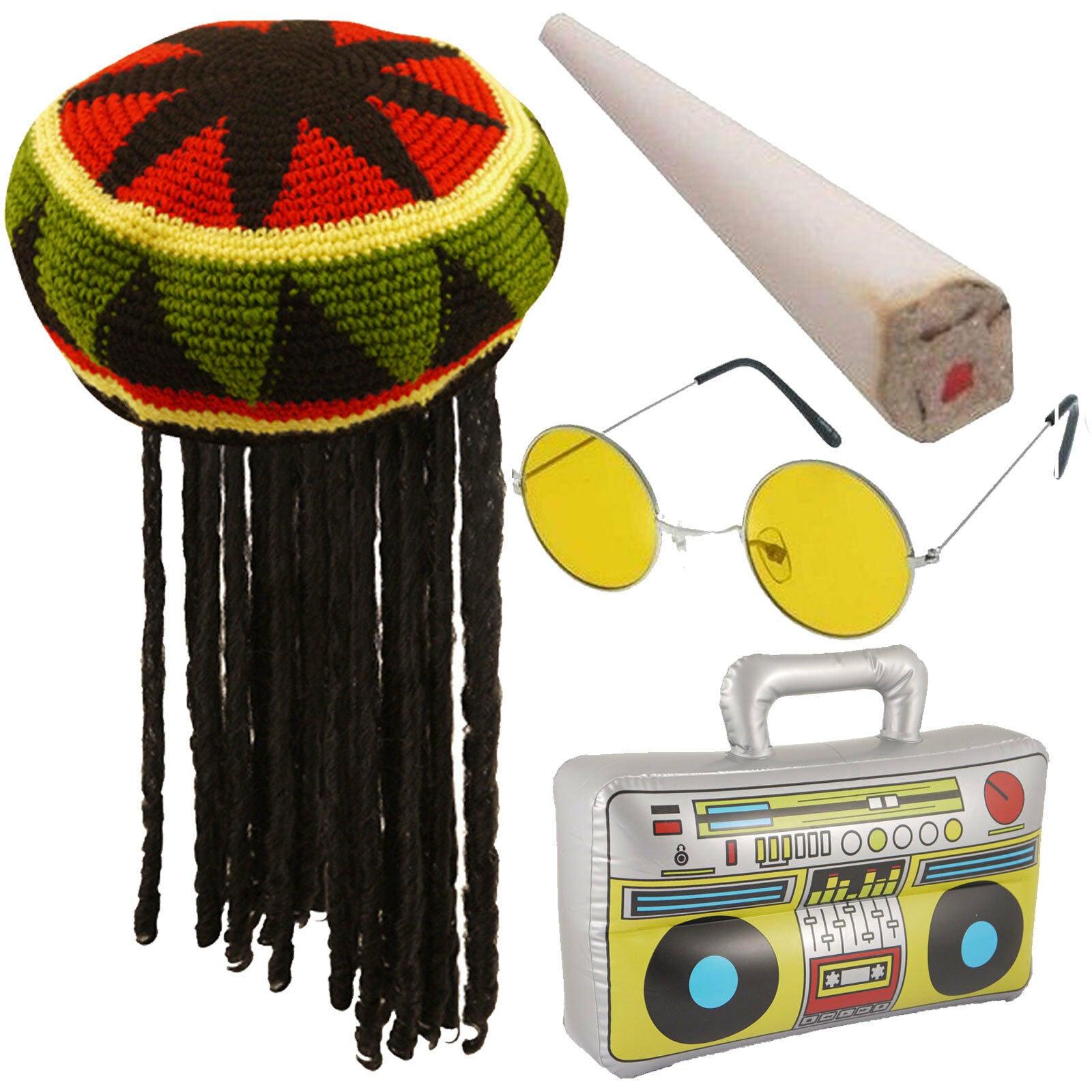 Rasta Jamaican Hat Fake Spliff Inflatable Boom Box Glasses Caribbean Fancy Dress - Labreeze