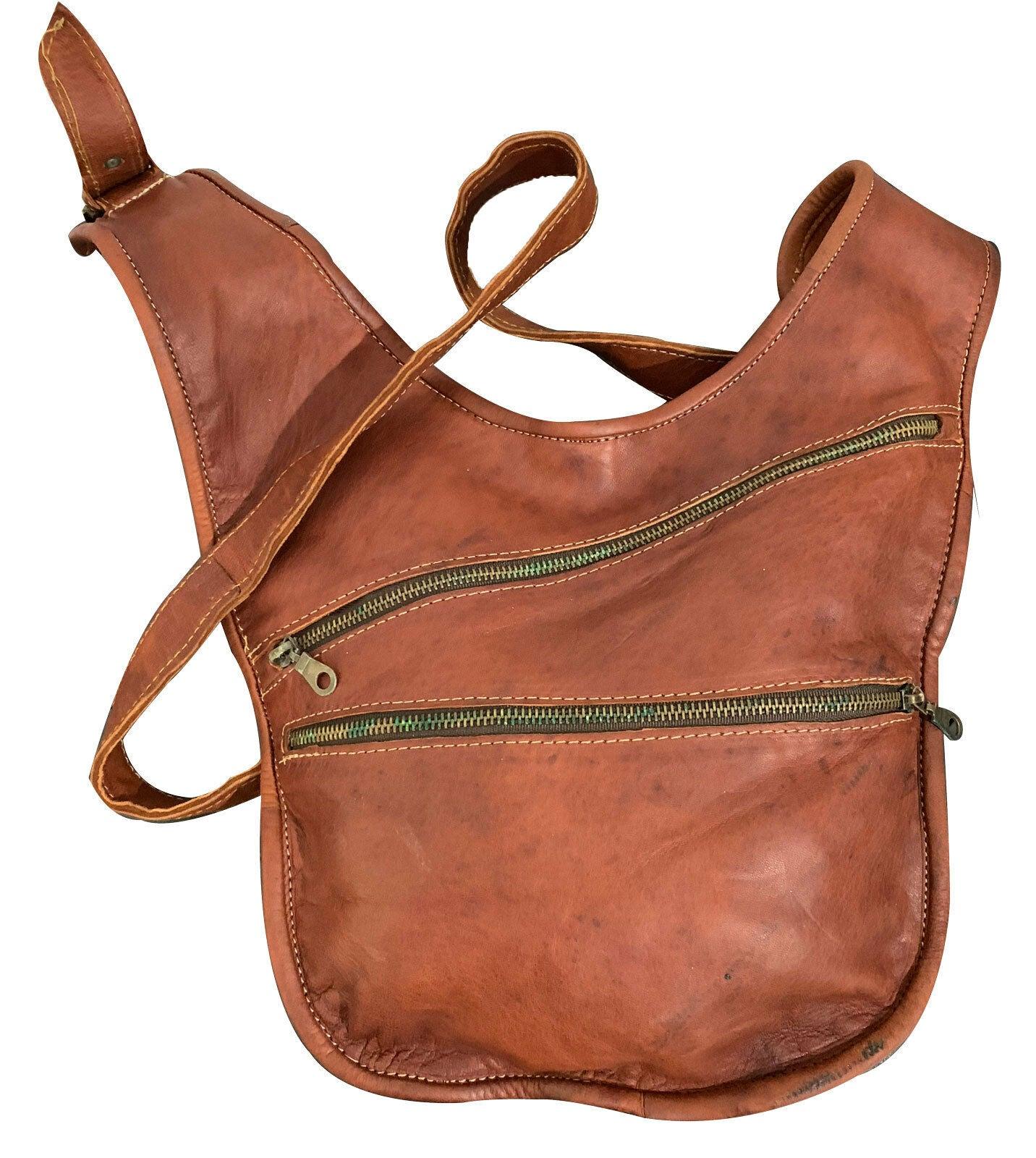 Real Leather Moroccan Side Bag Travel Sadler With Two External Zip Pockets - Labreeze