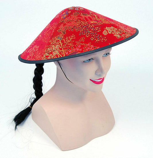 Red Chinese Coolie Hat with Plait Traditional Chinese New Year Fancy Dress - Labreeze