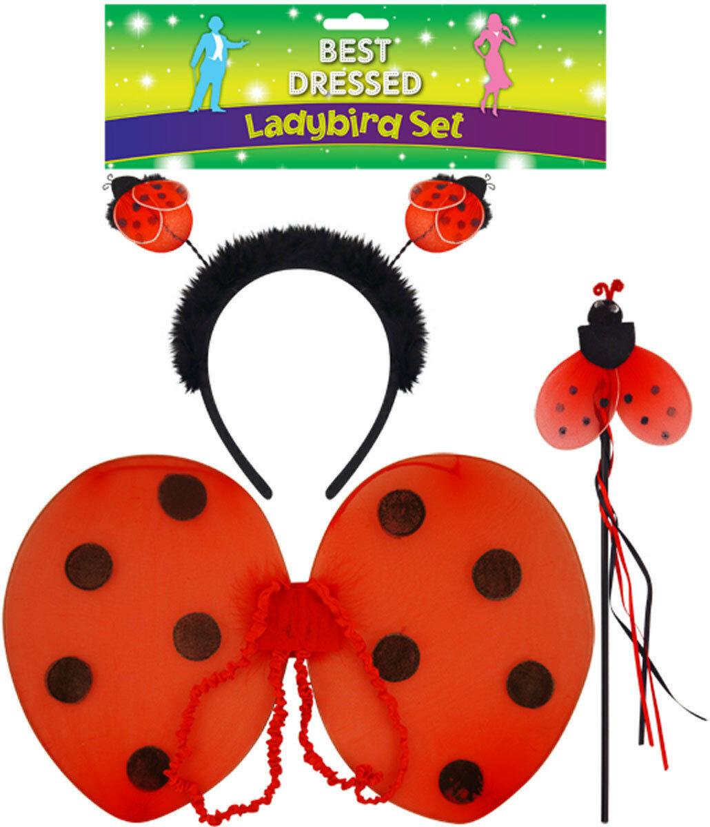 Red Ladybird Wings Head Boppers Wand 3 Pc Set Kids Fancy dress Outfit - Labreeze