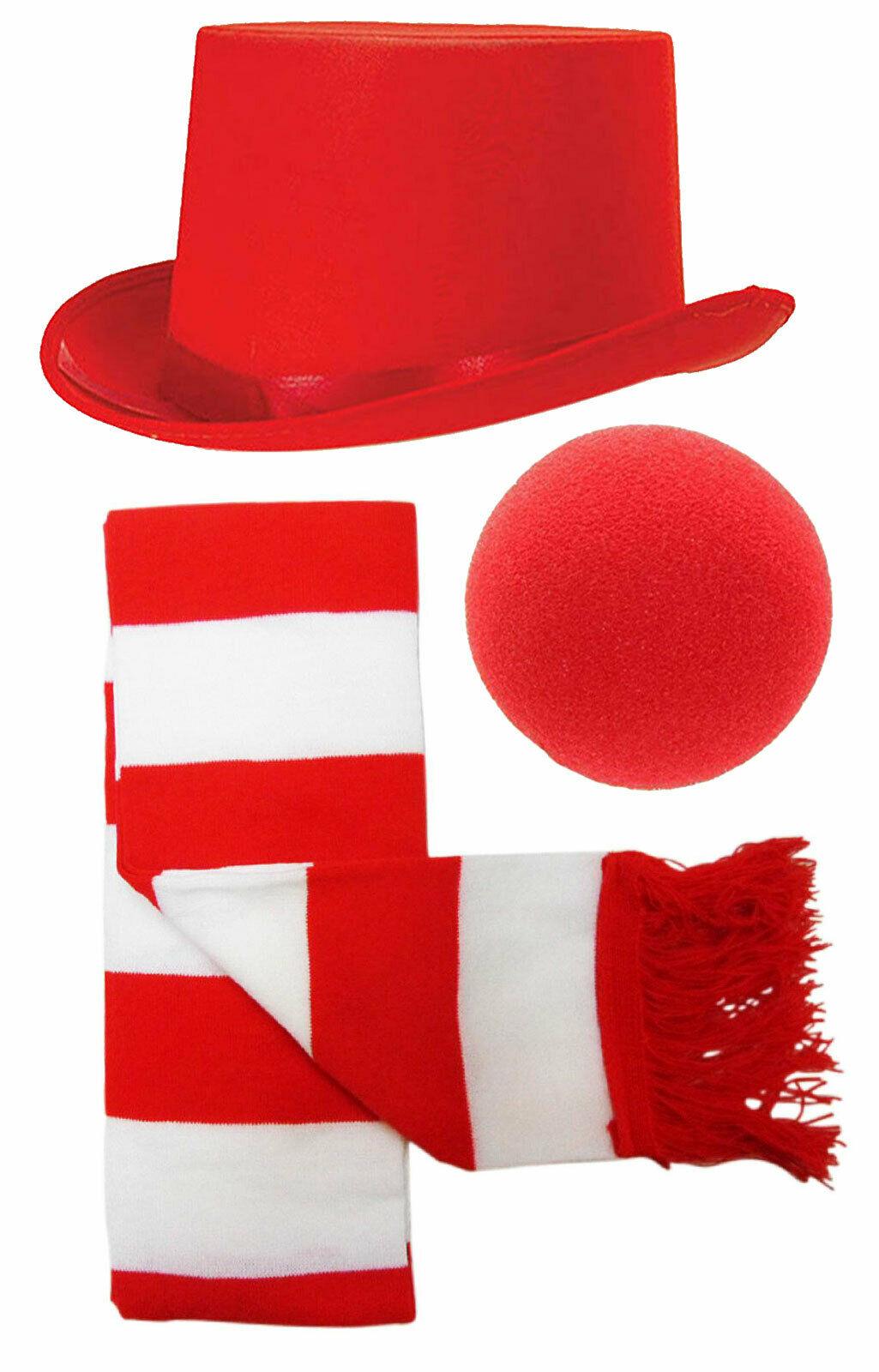 Satin Top Hat Red White Scarf Foam Nose Christmas Snowman Fancy Dress Set - Labreeze