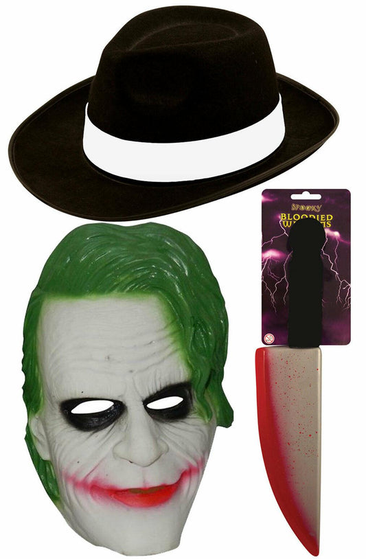 Scary Joker Green Hair Mask Hat Blooded Knife Weapon Halloween Fancy Dress - Labreeze