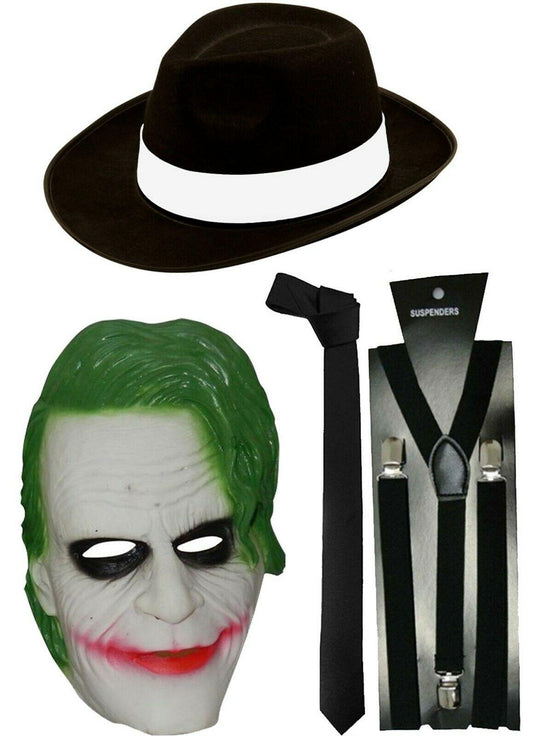 Scary Joker Rubber Face Mask Black Hat Tie Braces Halloween Horror Fancy Dress - Labreeze