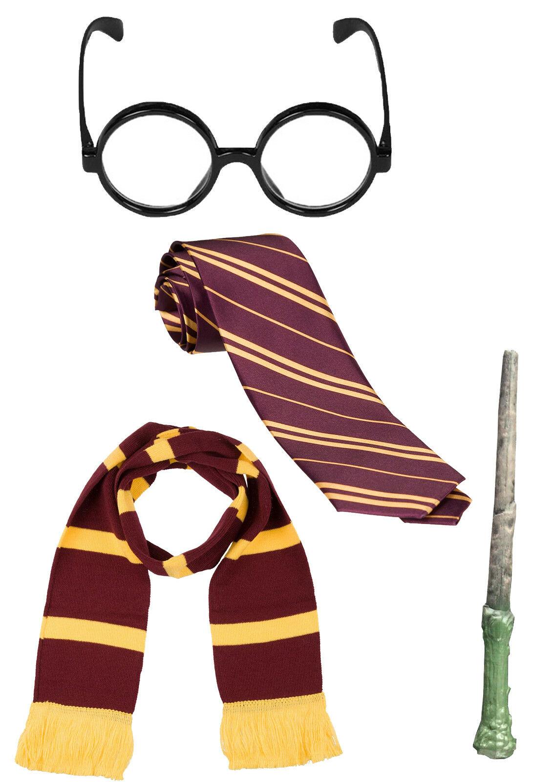 School Boy Wizard Glasses Maroon Yellow Tie Scarf Wand Book Day Fancy Dress - Labreeze