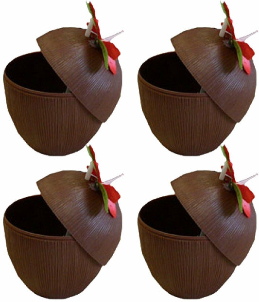 Set of 4 Realistic Coconut Drinking Cups With Flower Luau Beach Tropical Party - Labreeze