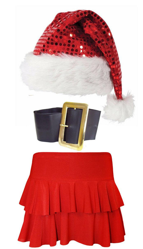 Skirt Sequin Santa Hat Buckle belt Ladies Christmas Red Rara 3 Pcs