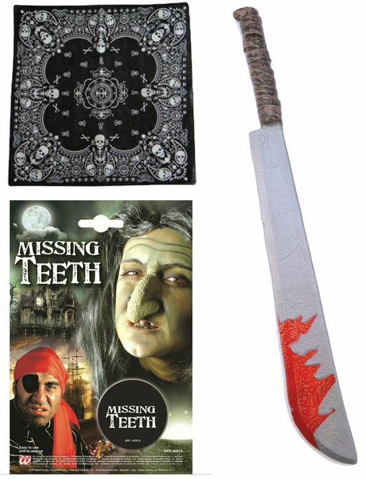 Skull Bandana Missing Teeth Wax Machete Halloween Bloody Pirate Fancy Dress - Labreeze