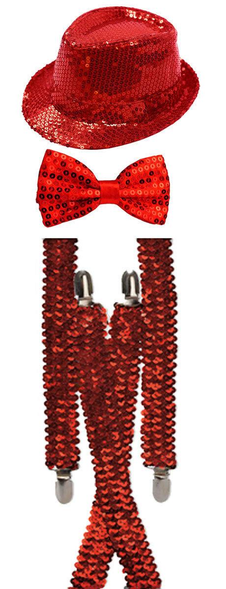 Sparkling Red Sequin Hat Braces Dicky Dickie Bow Tie Fancy Party Accessory Set - Labreeze