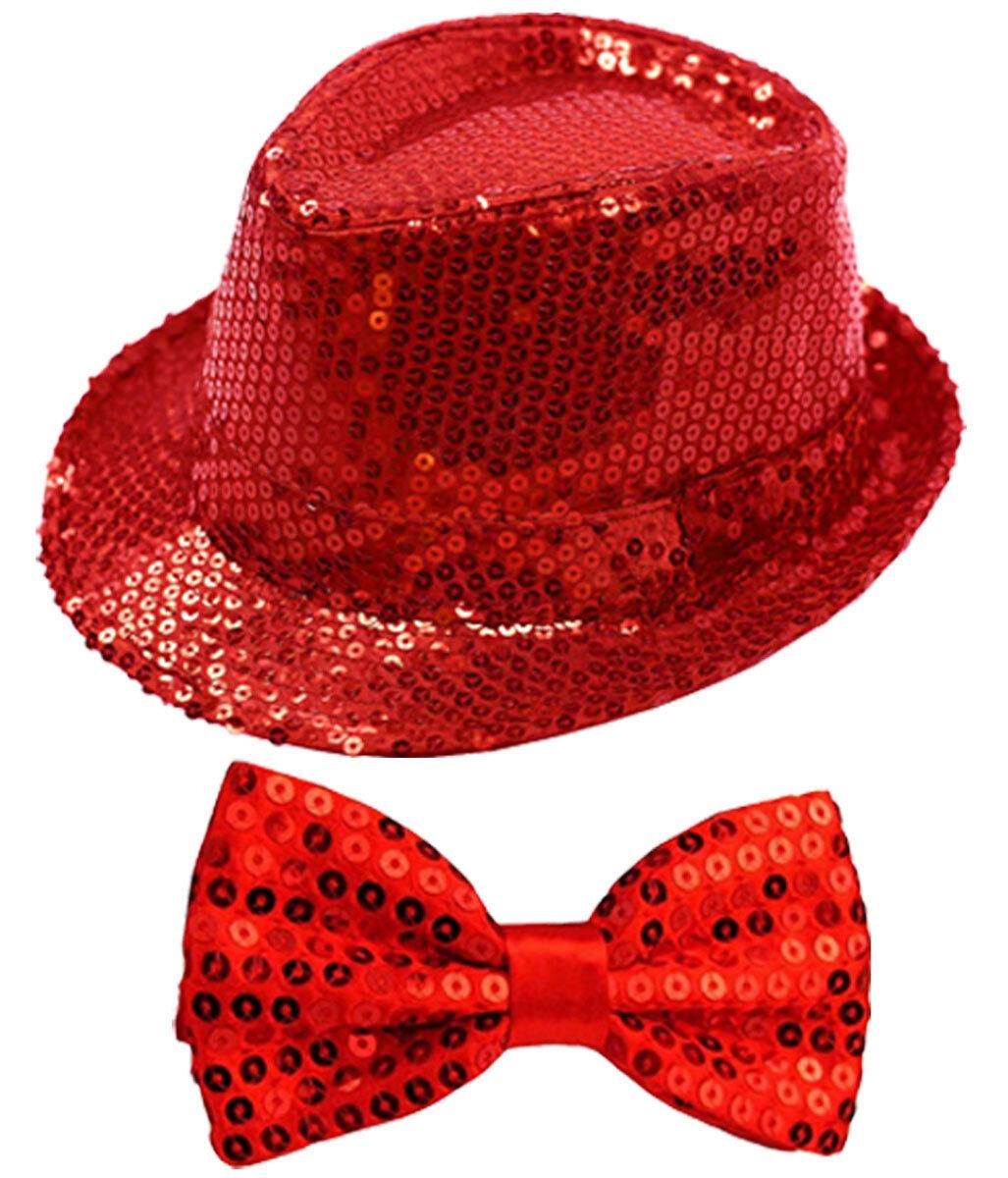 Sparkling Red Sequin Hat Braces Dicky Dickie Bow Tie Fancy Party Accessory Set - Labreeze