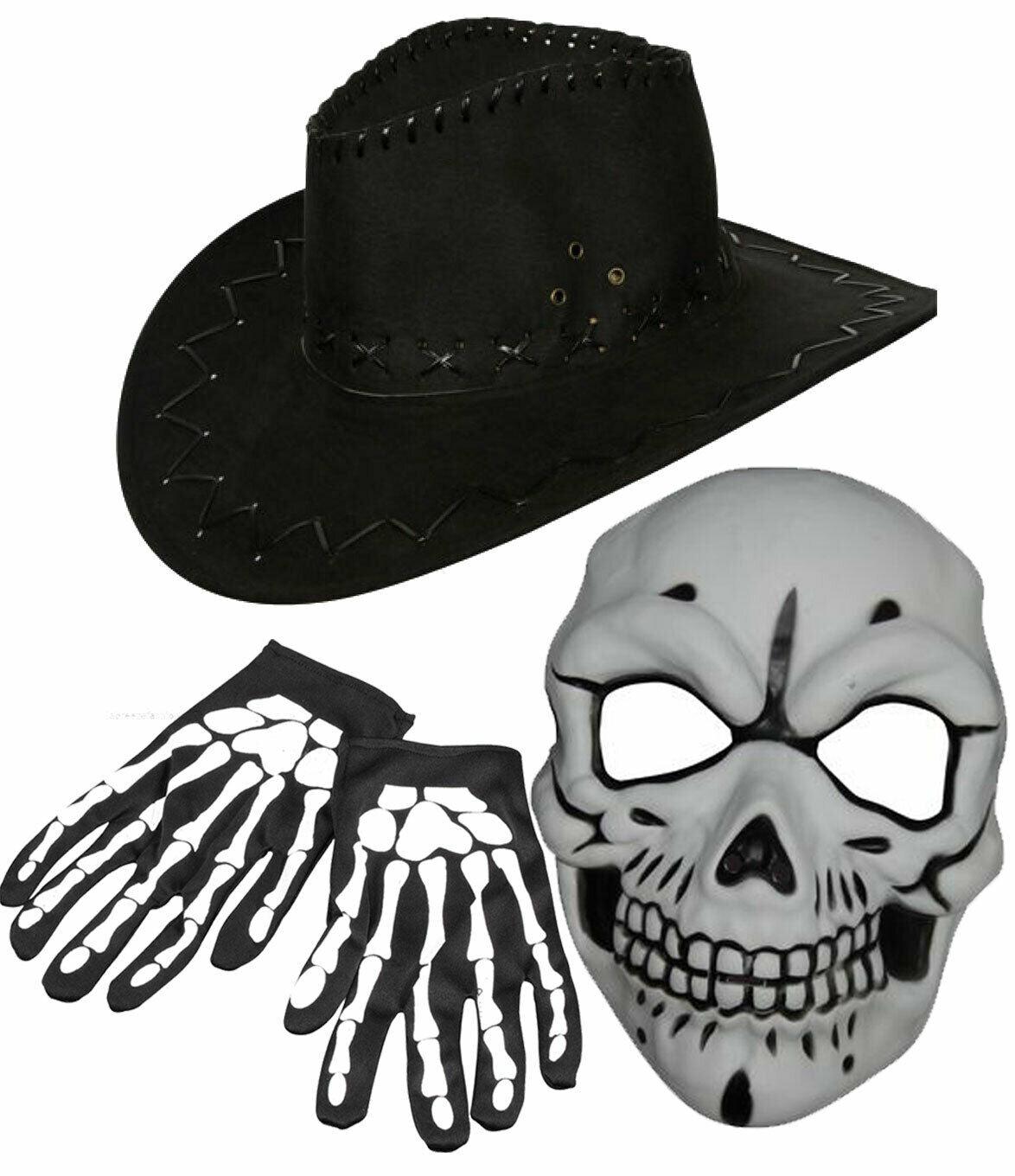 Suede Look Cowboy Hat Skull Mask Skeleton Gloves Halloween Horror Party Set - Labreeze