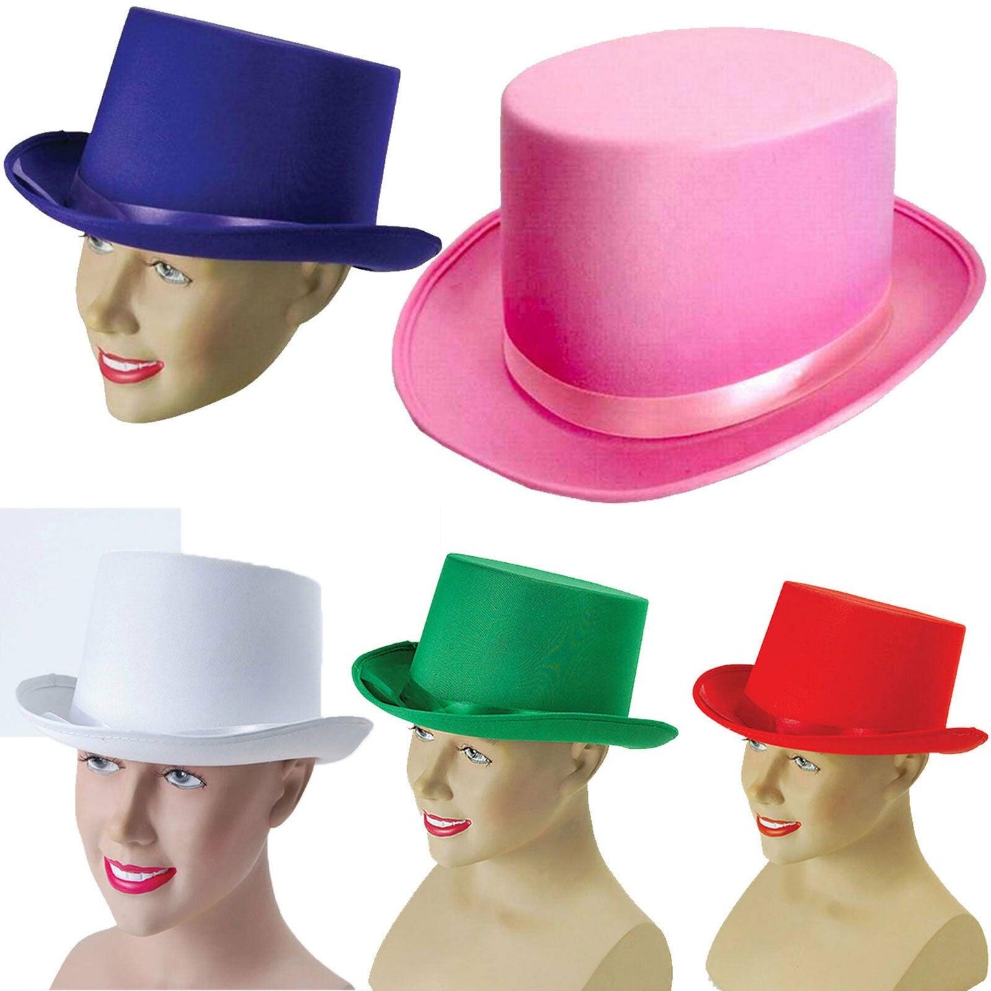 Top Hat Satin Premum Quality Fancy Dress Black Red White Green Purple Pink - Labreeze