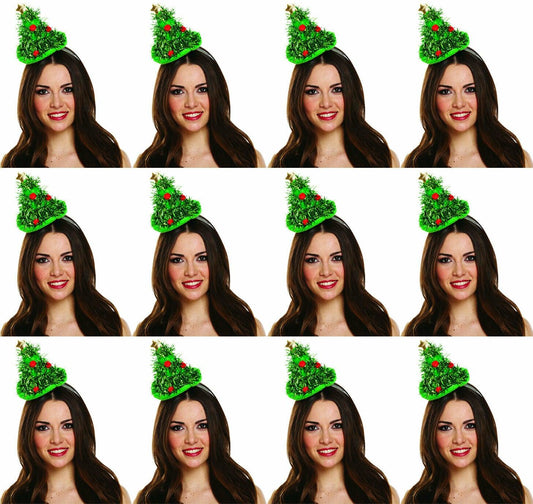 Value Pack of 12 Ladies Novelty Green Tinsel Christmas Tree Mini Hat on Headband - Labreeze