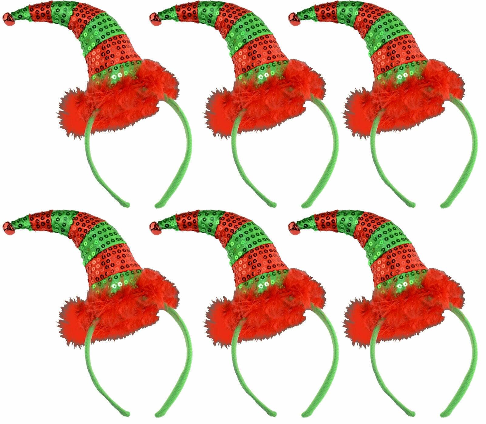 Value Pack of 6 Elf Sequin Headband Red Green Christmas Xmas Fancy Dress Hat - Labreeze