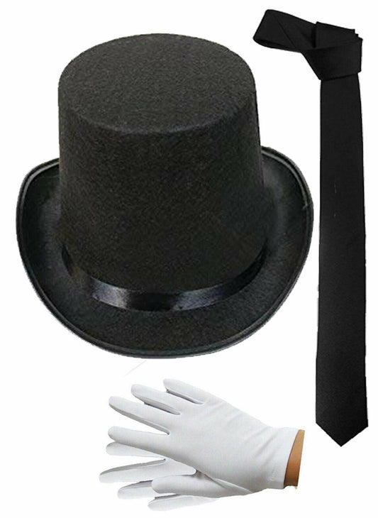 Victorian Gentleman Black Top Hat Satin Neck Tie Santa Gloves Fancy Dress Costum - Labreeze