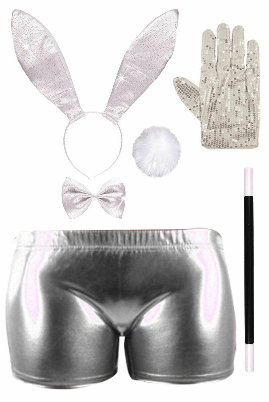 White Glitter Bunny Dress Up Shorts Wand Pop Gloves Hen Night Fancy Dress - Labreeze