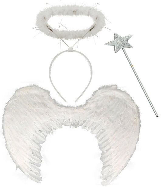 White Large Feather Wings Sequin Wand Halo Angel Christmas Fairy Tale Set - Labreeze