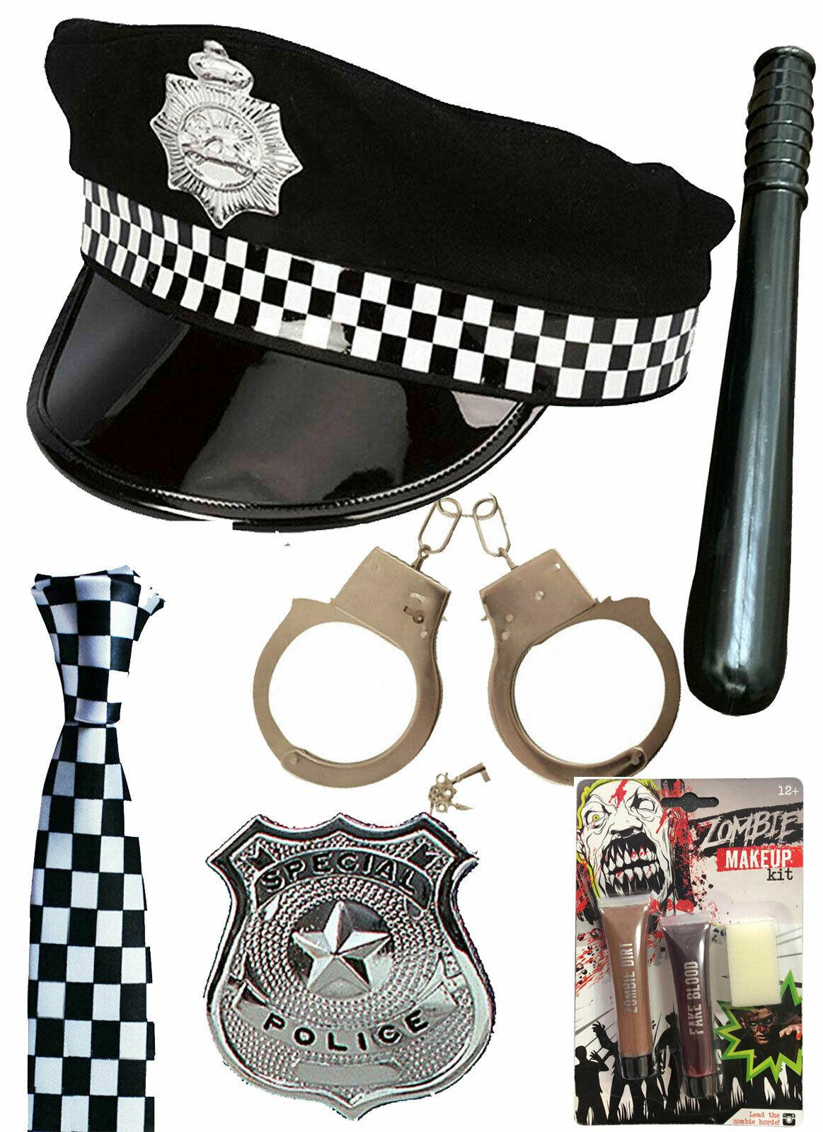 Zombie Police Man Hat Tie Cuffs Badge Truncheon Make Up Halloween Party Set - Labreeze